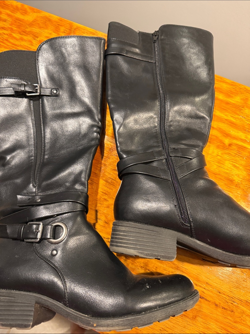 Kim Rogers Black Mid-Calf Leather Heeled Boots with Buckle Detail